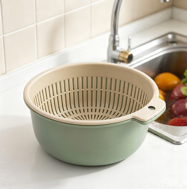 Double-Layer Plastic Thick Green Colander Set